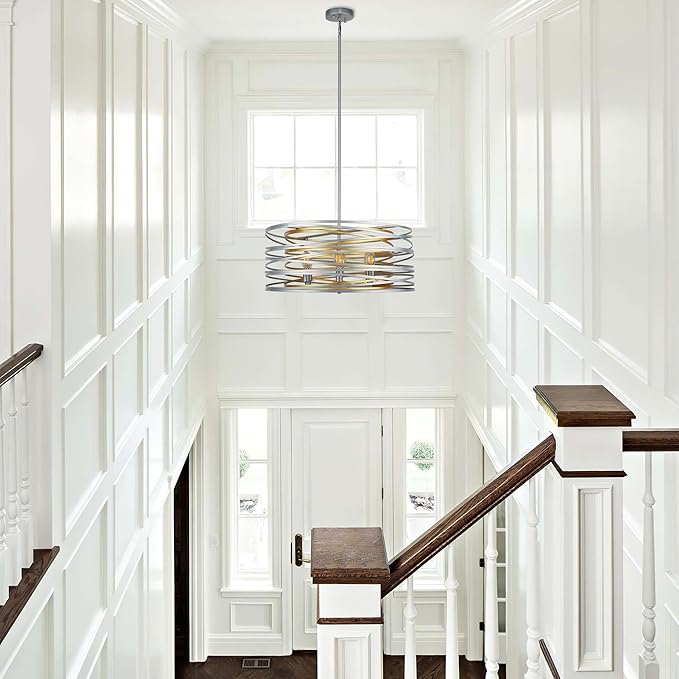 23.6'' Large Vintage Round Chandelier, 6-Light Modern Farmhouse Lantern Chandelier, Antique Double Drum Chandelier for Dining Room Entryway Kitchen Island Foyer, Silver with Gold Interior