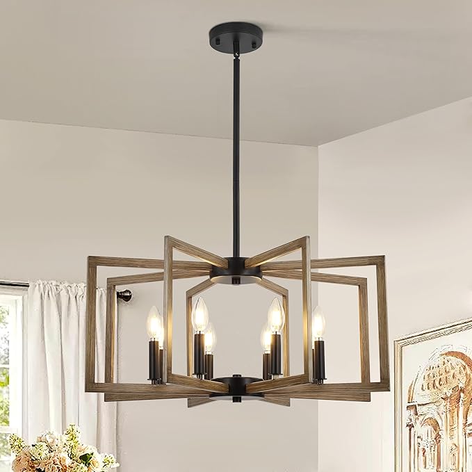 8-Light Modern Farmhouse Chandelier, Vintage Geometric Dining Room Lighting Hanging, Industrial Chandelier for Kitchen Island Entryway Foyer Stairway, Retro Wood Texture and Black Finish