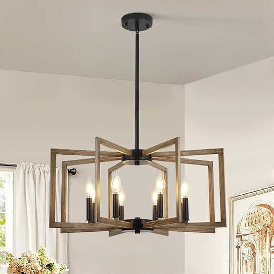 8-Light Modern Farmhouse Chandelier, Vintage Geometric Dining Room Lighting Hanging, Industrial Chandelier for Kitchen Island Entryway Foyer Stairway, Retro Wood Texture and Black Finish