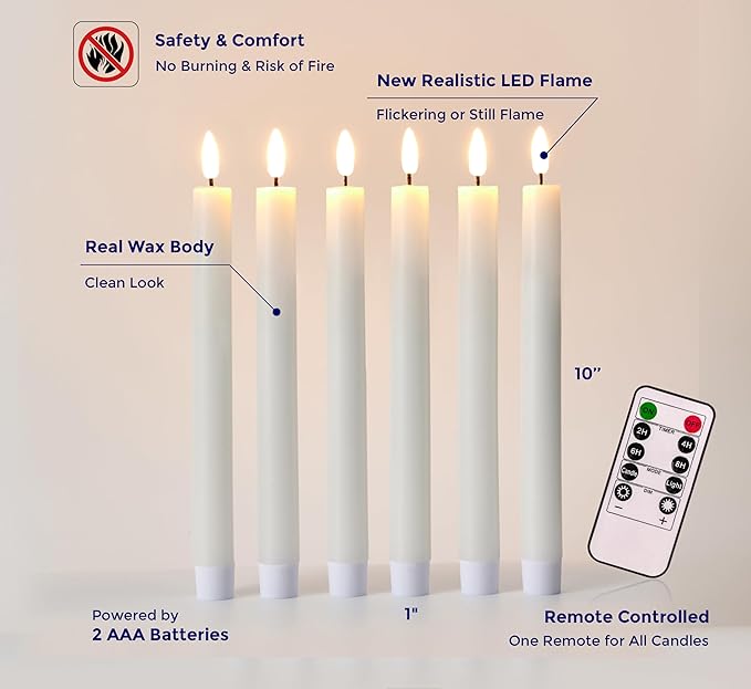 VENTA Set of 6 (10-Inch) Flameless Taper Candles with Remote | Realistic Flickering LED Dinner Candles with Timer | Perfect for Table Centerpieces, Weddings & Holiday Decor (Ivory)