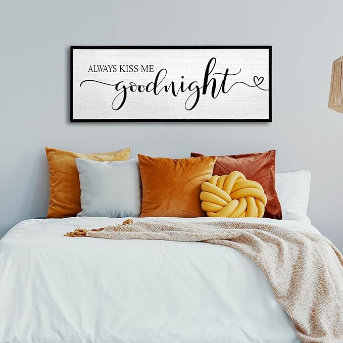 Always Kiss Me Goodnight Wall Sign 40''×15'' Vintage Master Bedroom Above Bed Farmhouse Wooden Framed Family Wall Decor for Larg Couples Over Bed Wall Art Decoration (Black)