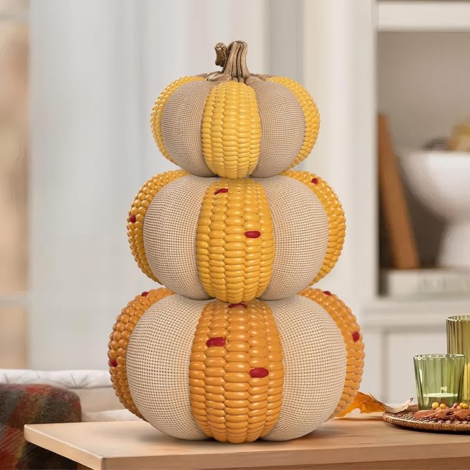 Set of 3 Decorative Corn Pumpkins, Fall Resin Stackable Pumpkins for Decorating, Thanksgiving Harvest Autumn Seasonal Outdoor Porch Decor, Indoor Table Centerpiece Mantel Home Decorations