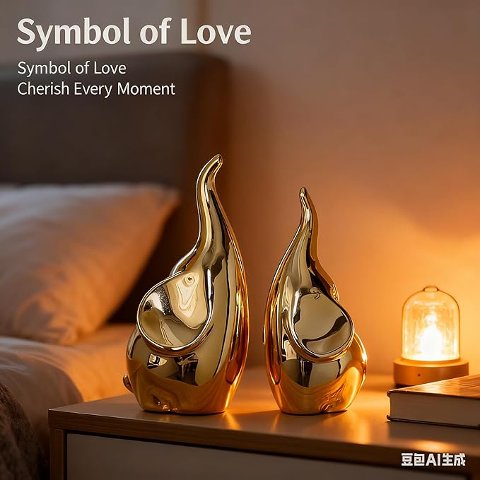 Ceramic Elephant Figurines with Trunk Up, Pair Couples Loving Elephant Statue, Small Figurines Sculpture African Home Decor, Valentine Elephants Gifts for Women, Wedding Knick Knacks（Gold）