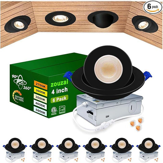 zouzai Second Generation 5CCT LED Gimbal Led Recessed Light with Junction Box, 360°+90° Adjustable Directional Eyeball Lighting, Dimmable, 2700K-5000K,ETL&Energy Star (Black 6 Pack, 4 inch)
