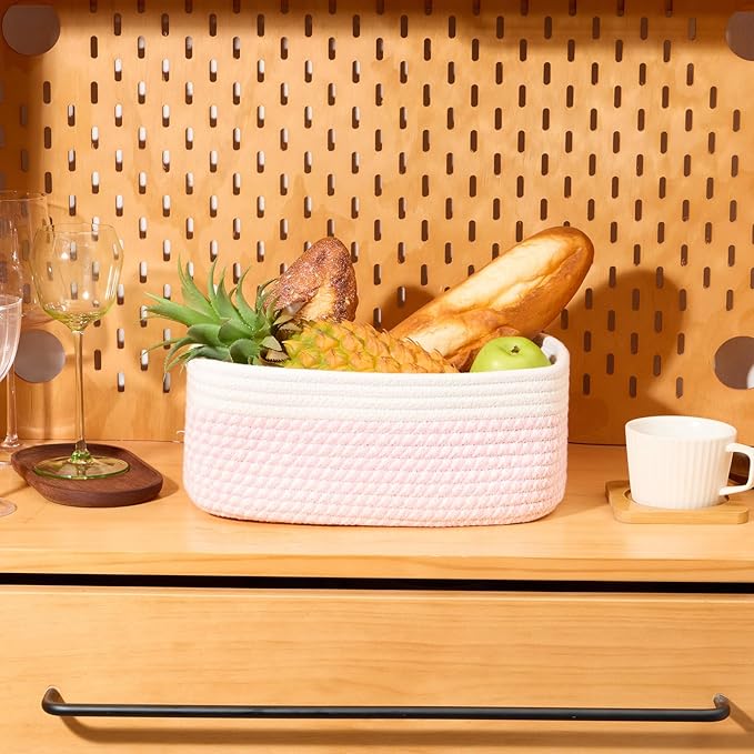 Small Storage Baskets for Organizing | Closet Organizer Bins | Shelf Toy Basket | Woven Rope Baskets | Cube Decorative Box | Shallow Basket | 11.5x7.5x4.7” | 3 Packs White Pink