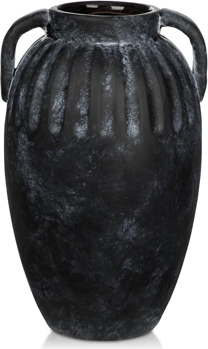 Ceramic Rustic Farmhouse Vase, 9 inch Pottery Black Flower Vase with 2 Handles for Centerpieces Pampas Grass Boho Modern Rustic Farmhouse Decor for Living Room Kitchen Countertop Dinner Table Shelves