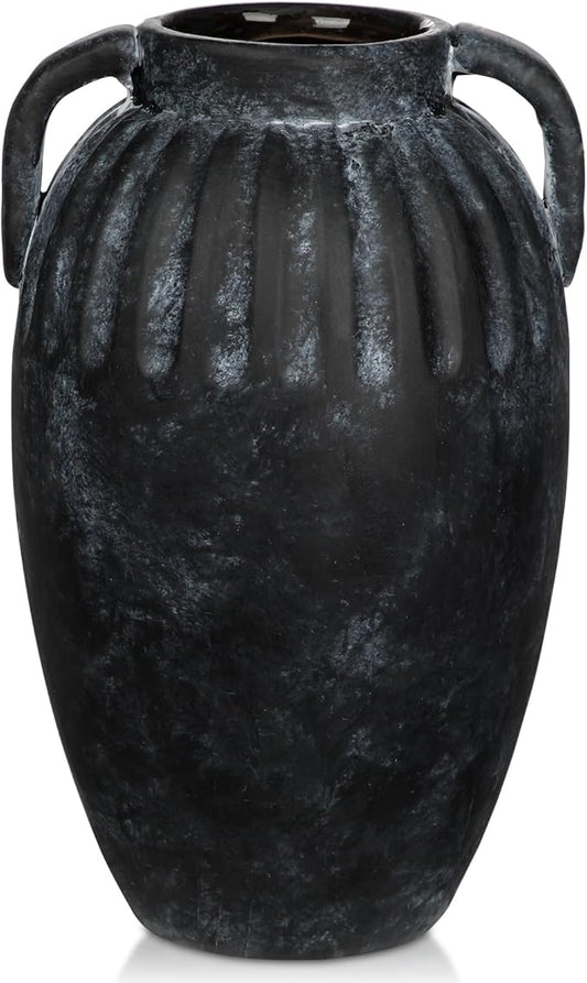 Ceramic Rustic Farmhouse Vase, 9 inch Pottery Black Flower Vase with 2 Handles for Centerpieces Pampas Grass Boho Modern Rustic Farmhouse Decor for Living Room Kitchen Countertop Dinner Table Shelves