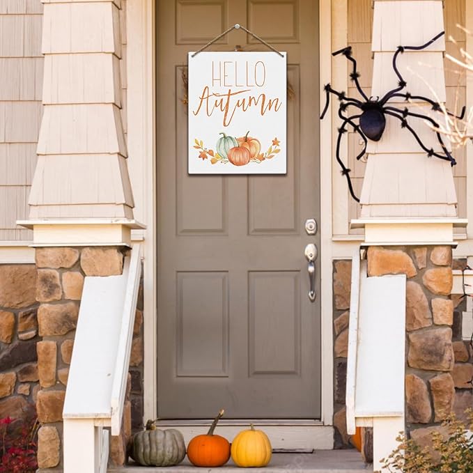 Hello Autumn Sign Autumn Thanksgiving Fall Decor Rustic Wood Sign Wall Decor Welcome Fall Quotes for Home Farmhouse Bedroom Bathroom Seasonal Harvest Decorative Wooden Wall Hanging Decor Plaque