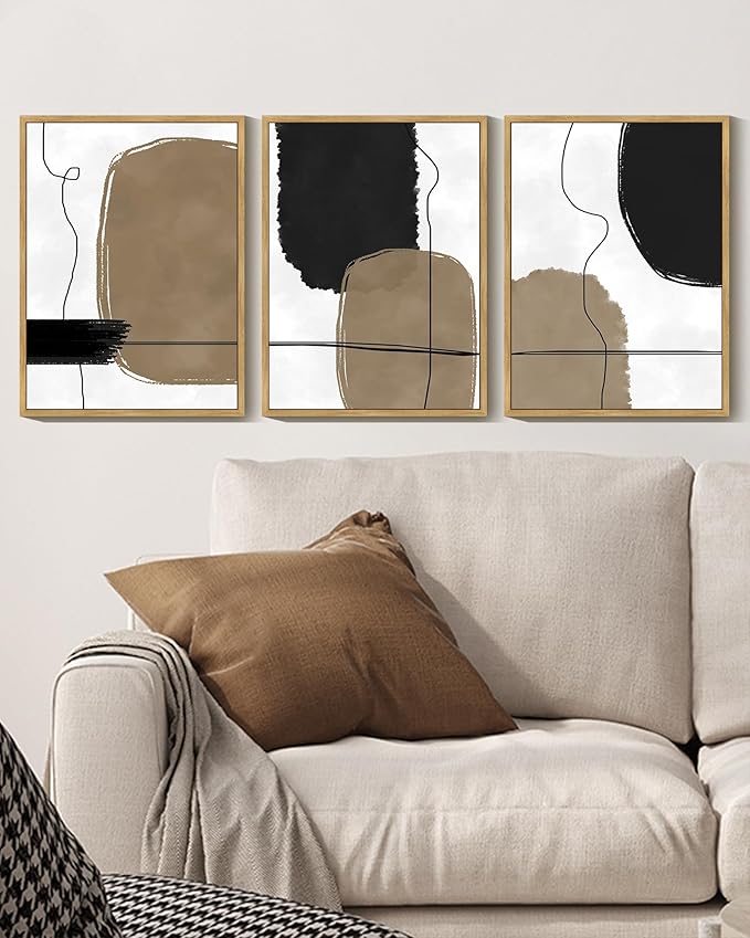 KUVIOKE Abstract Wall Art Framed Neutral Beige Mid Century Textured Artwork Black Minimalist Line Modern Illustrations Bedroom Hallway Ready to Hang 12x16in (Natural Framed)
