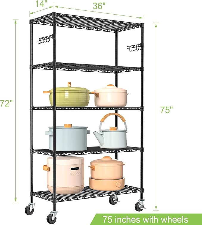 Metal Storage Shelves with Wheels, 5-Tier Steel Wire Rack Shelving Unit, Adjustable Rolling Utility Shelves, Standing Storage Organizer for Kitchen Garage Pantry Closet Laundry(5-Tier Shelf)
