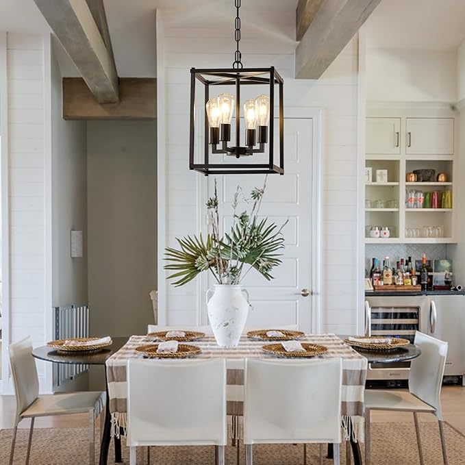 Lantern Pendant Light, 4-Light Black Chandelier,Modernized Ceiling Hanging Light Fixture for Bedroom Kitchen Island Foyer Living Room Dining Room Hallway