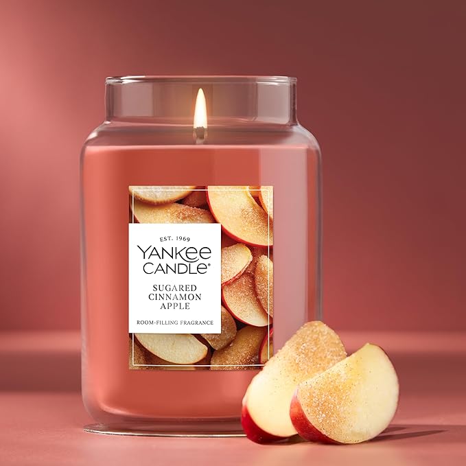 Yankee Candle Large Jar Scented Candle with up to 150 Hour Burn Time, Premium Plant Wax Blend for Consistent Burn, 22 oz Jar Candle with Room Filling Fragrance, Sugared Cinnamon Apple