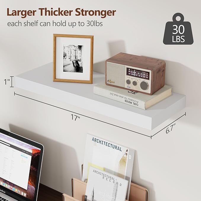 Modern Floating Shelves Set of 3 - White Wooden Wall Shelves for Bedroom, Living Room, Bathroom, Kitchen - Storage and Decor