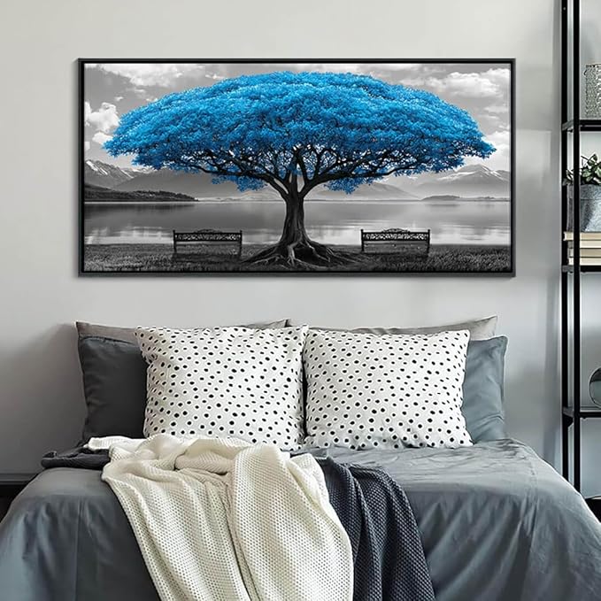 Blue Tree Framed Canvas Wall Art for Living Room Large Size Wall Decor For Bedroom Black And White Wall Pictures Lake Scenery Wall Painting Office Decor Room Home Decoration Black Framed 24X48IN