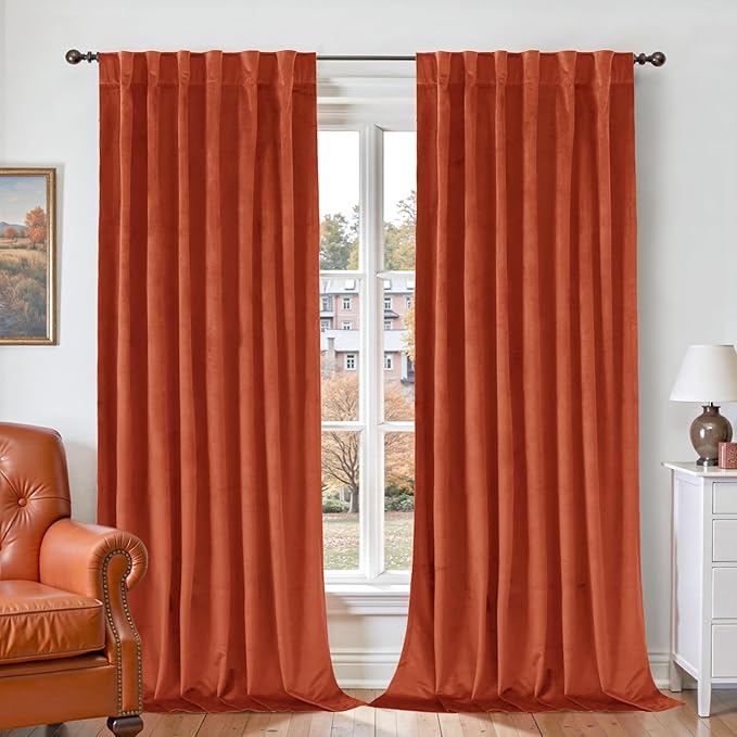 BGment Terracotta Fall Velvet Curtains 102 Inches for Living Room, Thermal Insulated Blackout Curtains Luxury Super Soft Drapes with Back Tab Rod Pocket for Bedroom, Set of 2 Panels, 52 x 102 Inch