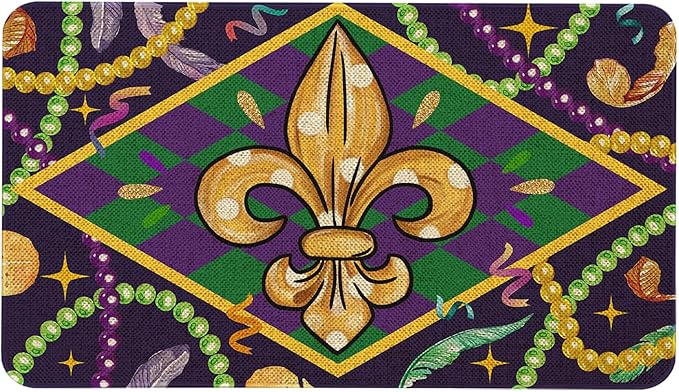 Mardi Gras Welcome Door Mat 30x17 Inch Carnival Fleur De Lis Doormat Indoor Outdoor Entrance Floor Mats Non-Slip Washable Mardi Gras Decor Rugs