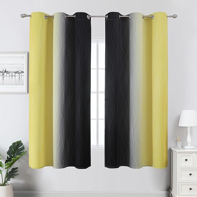 Estelar Textiler Black and Yellow Blackout Curtains for Living Room, Full Room Darkening Ombre Curtains for Bedroom, Thermal Insulated Light Blocking Gradient Grommet Drapes, 42Wx63L, 2 Panels