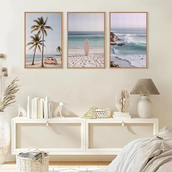 HPINUB Beach Seascape Framed Canvas Wall Art Set,Palm Tree Surfboard Nature Wall Decor,Modern Coastal Landscape Artwork Relax Summer Ocean Art Print for Living Room,Bedroom,Bathroom Decor-24 x36 x3