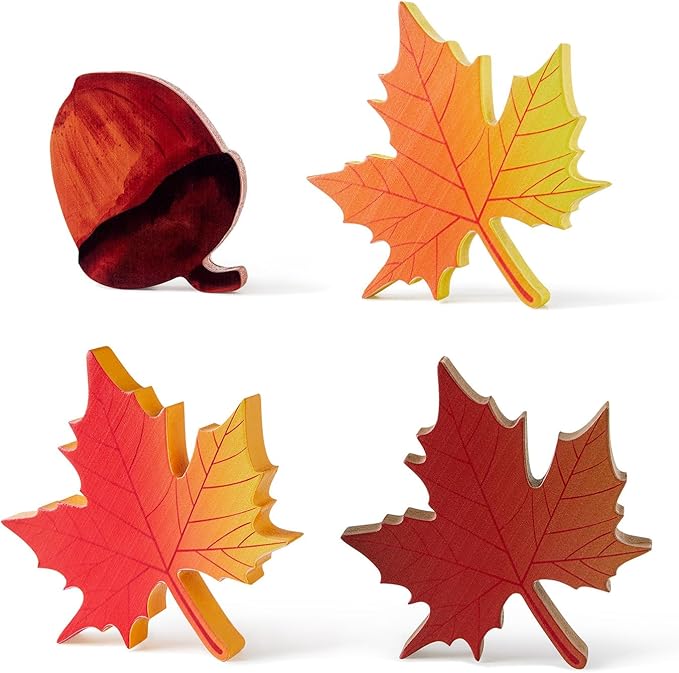 DUQGUHO Fall Leaves Decor, Fall tiered Tray Decorations Set, Wooden Autumn Decor, Wooden Signs Harvest Decoration, Thanksgiving Party Tray Display Shelf, Maple Leaf Pine Cone Set of 4