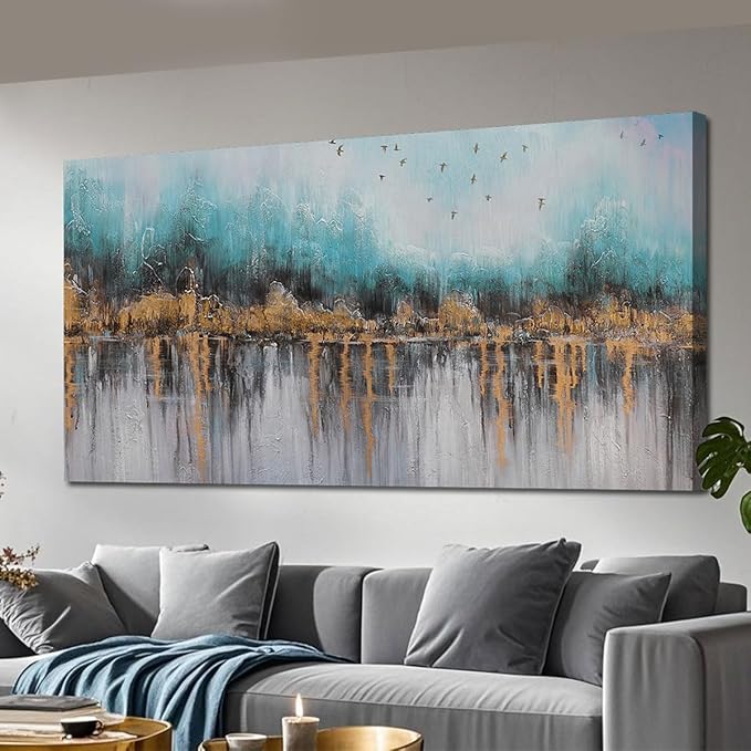 Ardemy Teal Abstract Canvas Wall Art for Living Room Landscape Painting Bedroom Turquoise Grey Panoramic Textured Picture Artwork Framed, Wall Art for Men Home Office Wall Decor Extra Large 58"x29"