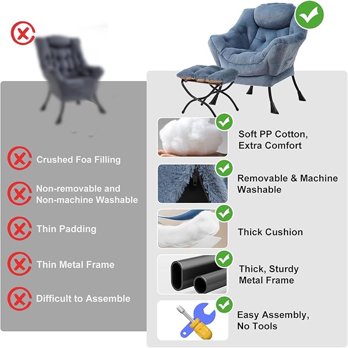 Lazy Chair with Ottoman, Modern Chair with Folding Footrest, Lounge Accent Chair, Comfortable Reading Chair (Plush Light Blue)