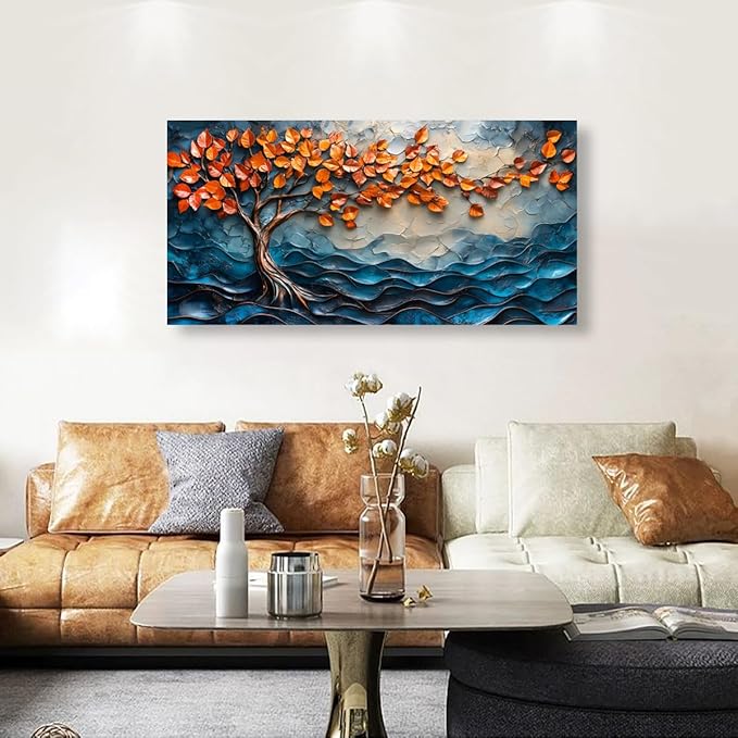 Tree of Life Canvas Wall Art Bedroom Wall Decor Living Room,Abstract Wall Art Office Kitchen Paintings Artwork Modern Blue Wave Leaf Pictures Art Prints Waterproof Ready to Hang-20x40inch