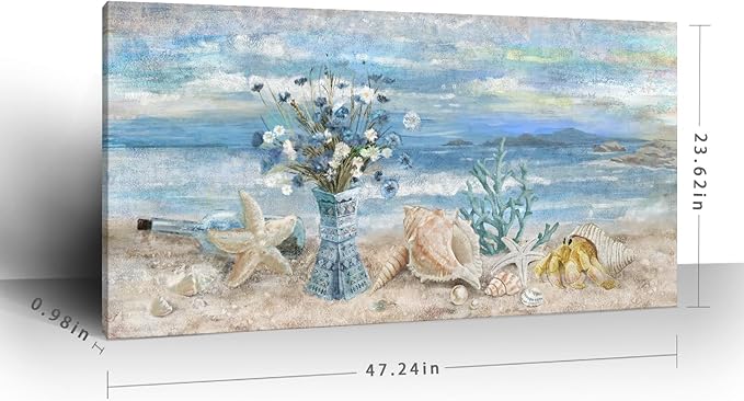 Large Canvas Wall Art for Living Room Seaside Painting Blue Sea View Ocean Theme Abstract Seascape Framed Artwork Coastal Beach Home Decor Daisy Flower in Indian Vase Picture Poster Print 24x48inch