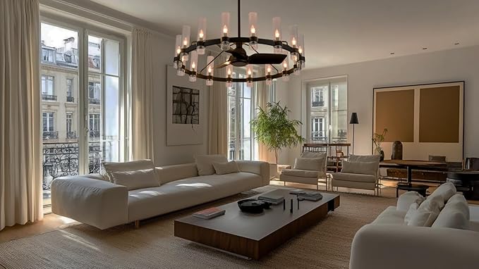 Black Ceiling Fans with 16 Lights Wagon Wheel Chandelier, 48 Inch Modern Farmhouse Fandelier, Quiet 6-Speed Reversible DC Motor, 1/2/4H Remote Timing for Living Room/Bedroom/Kitchen