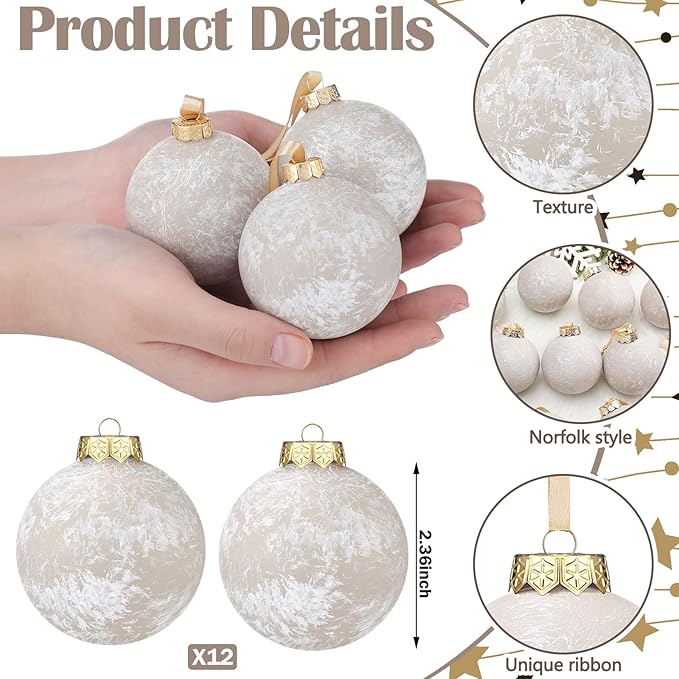12 Pcs Neutral Textured Christmas Ball Ornaments 2.36'' Vintage Christmas Tree Decor Modern Rustic Brown Ornaments with Loop Shatterproof Hanging Ball for Xmas Farmhouse Decor (Beige)