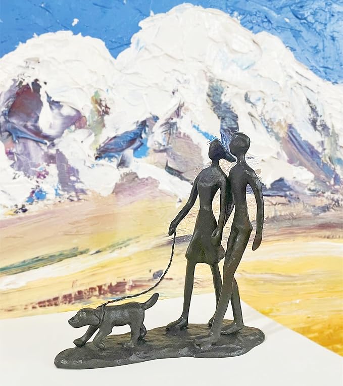 Couple and Dog Cast Iron Sculpture, Romantic Couple Love Metal Art Decor, Family Love Statue, Dog Lover Gifts for Couple