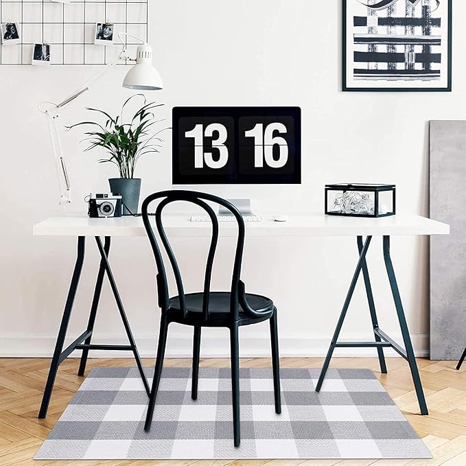 KOZYFLY Buffalo Plaid Area Rugs 2x3 Ft Gray and White Checkered Rug Washable Front Door Mat Hand Woven Cotton Outdoor Rug Small Rug for Front Porch Kitchen Entryway Patio Bathroom