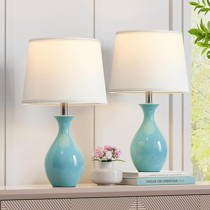 PARTPHONER Table Lamp Set of 2, Modern Ceramic Bedside Lamps for Night Stands, Classic Small Lamp Nightstand Lamp for Bedroom Living Room Desk End Table Rocker Swtich Sky Blue
