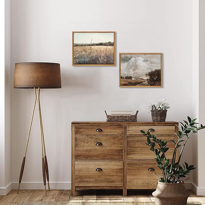 KBKBART Framed Canvas Wall Art, Vintage Wall Art European Landscape Oil Painting, Rustic Farmhouse Decor Country Landscape Print, Vintage Art Pictures for Bathroom Wall Decor Bedroom Living Room