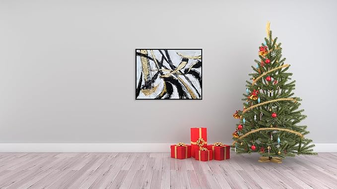 Yihui Arts Black White Canvas Wall Art - Hand Painted Modern Abstract Oil Painting with Gold Foil and Floating Frame