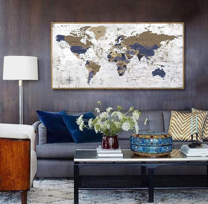 Framed Wall Art World Map Wall Art Canvas Picture20inx40in Large Grey Map of The World Canvas Painting Artwork Prints for Office Wall Decor Home Living Room Decorations Framed Ready to Hang