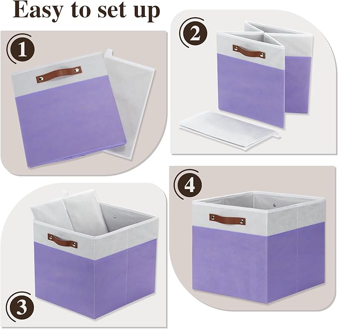 Temary Foldable Cube Baskets 4Pack - Clothes Shelf Storage with Handles, Fabric Storage Organizer Bins (White&Purple, 13x15x13 Inch)