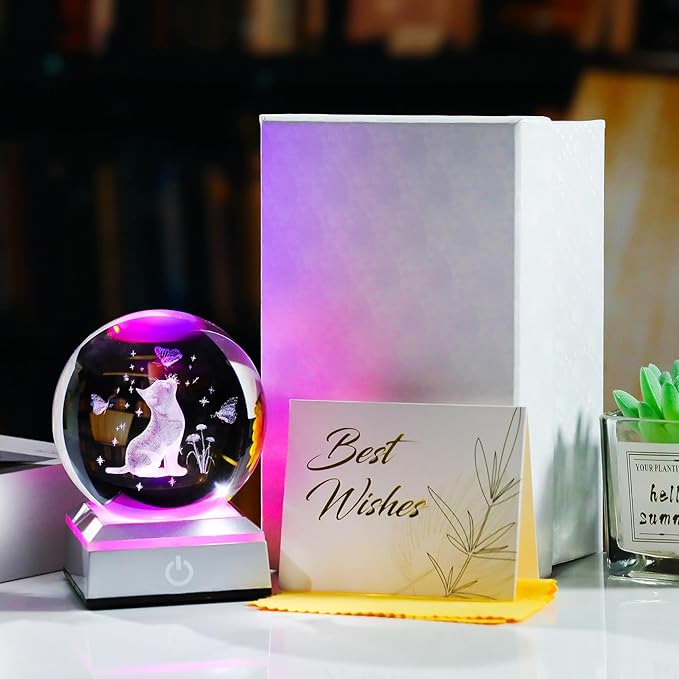Ornalrist Cat Gifts for Women, Mom - 3D Crystal Ball 3.15'' Engraved Cat Butterfly and Carnation with LED Light Base - Cat Lovers Figurine Collection for Home Decor