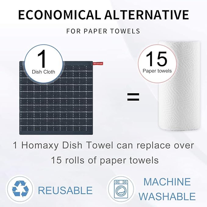 Homaxy 100% Cotton Terry Kitchen Dish Cloths, Ultra Soft and Absorbent Dish Towels for Kitchen, Suitable for Drying and Washing Dishes, 12 Pack, 12 x 12 Inches, Dark Grey