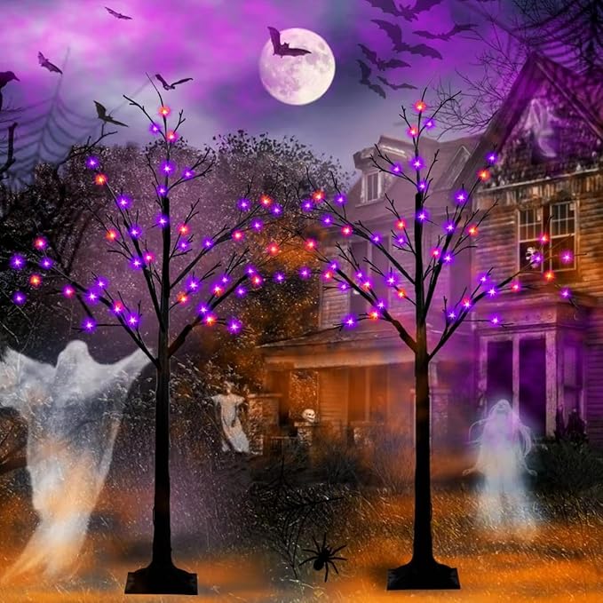 2-Pack 4FT Lighted Black Halloween Tree with 96 LED Orange & Purple Lights (Higher Size & Floor Standing), Halloween Decorations Spooky Tree for Indoor & Outdoor, Home Holiday Party Garden Lawns Decor