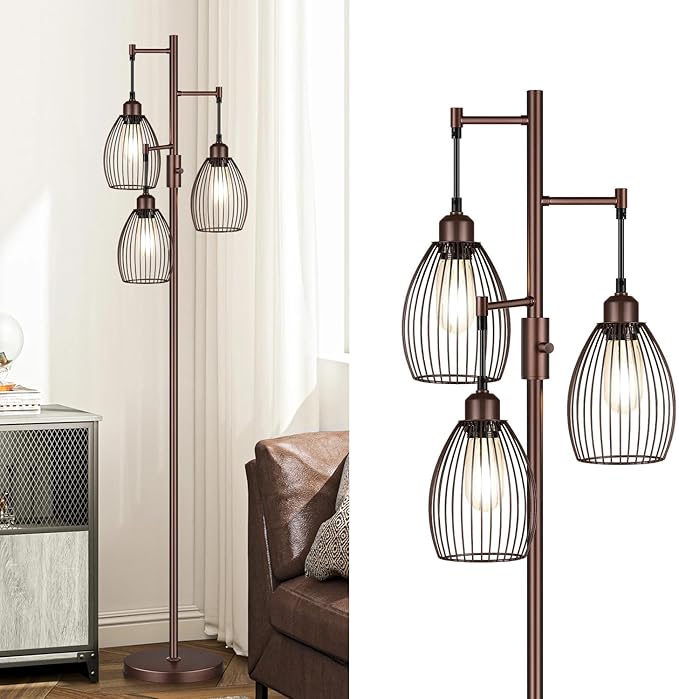 Dimmable Farmhouse Industrial Floor Lamp, Matte Brown Tree Standing Tall Lamps with 3 Elegant Teardrop Cage Head & 800 Lumens LED Edison Bulbs for Living Room Bedroom Office Dining Room