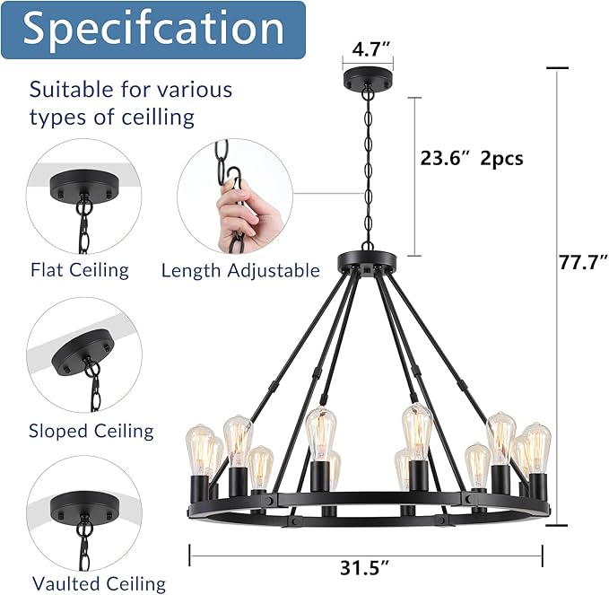 9MMML 12 Lights Black Wagon Wheel Chandelier, Industrial Farmhouse Globe Kitchen Island Pendant Light, Globe Dining Room Lights Fixtures for Foyer Entryway Living Room. E26, Height Adjustable,31.5".
