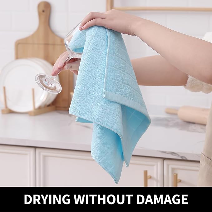 Homaxy 100% Cotton Terry Kitchen Towels(Sky Blue, 13 x 28 inches), Checkered Designed, Soft and Super Absorbent Dish Towels, 6 Pack