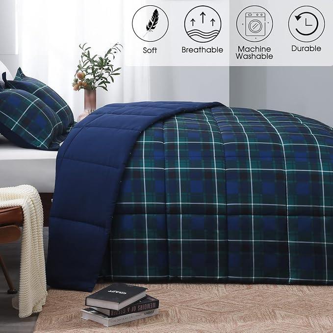Basic Beyond Queen Comforter Set - Navy and Green Buffalo Plaid Comforter Set Queen Down Alternative Bed Comforter Queen Set for All Season(1 Comforter with 2 Pillow Shams, 88" x 92")