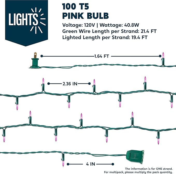 Joiedomi Pink Christmas String Lights,200(2x100) 42.8FT Valentines Day Fairy Tree Lights Plug in for Indoor Outdoor Xmas Valentines Decor Patio Holiday Theme Party Yard House,Green Wire