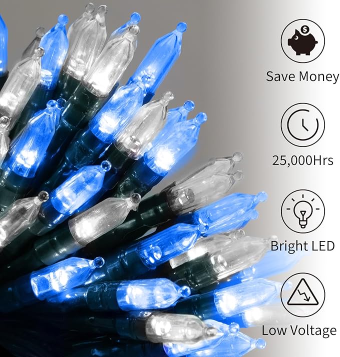 Battery Operated Christmas Lights 2 Pack 18 Feet 50 LED Clear Mini String Lights with 8 Modes Waterproof Tree Lights for Xmas Outdoor Indoor Holiday Party Garden Decor, Blue & White