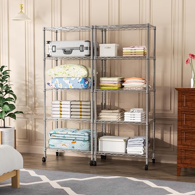 SINGAYE 5 Shelves Storage Shelf Wire Closet Bathroom Organizers Metal Pantry Kitchen Garage Shelving Unit Laundry Room Organization Home Rack Net Basket White with Wheels