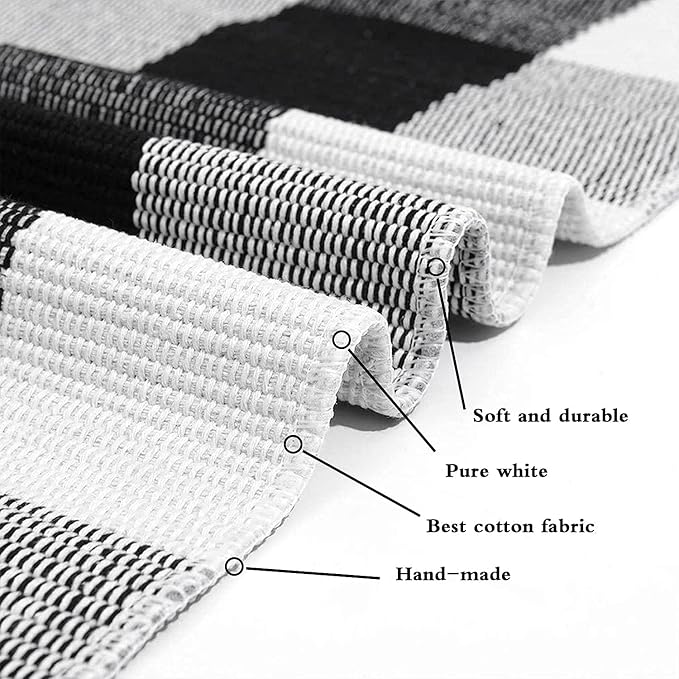SEEKSEE Cotton Buffalo Plaid Rug 3'x5' Black and White Checked Rug Washable Doormats Indoor Outdoor Rugs for Layered Front Door Mats, Porch, Kitchen, Farmhouse, Entryway