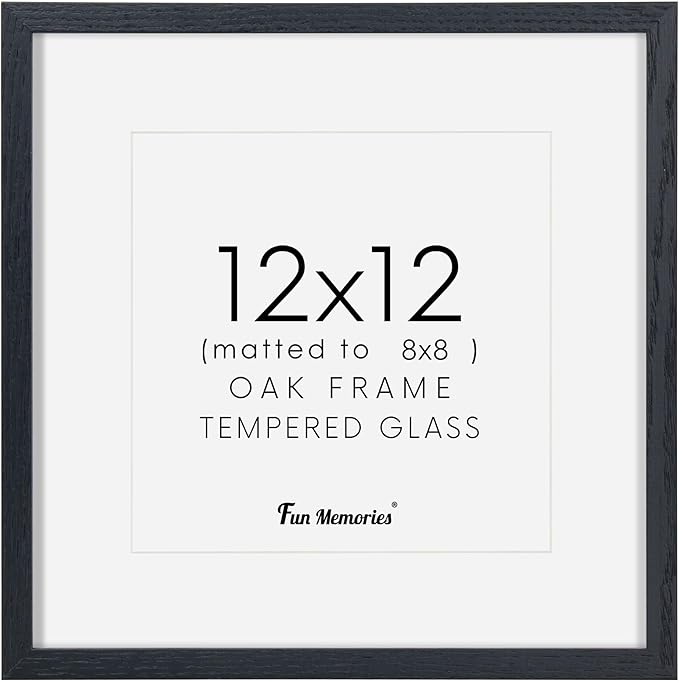 Black Picture Frame 12x12, 12"x12" Oak Wood Frame, 12 x 12 Photo Frame for Wall, Tempered Real Glass, 12x12 Matted Frame to 8x8, Square 12 x 12 Frame, 1 Pack