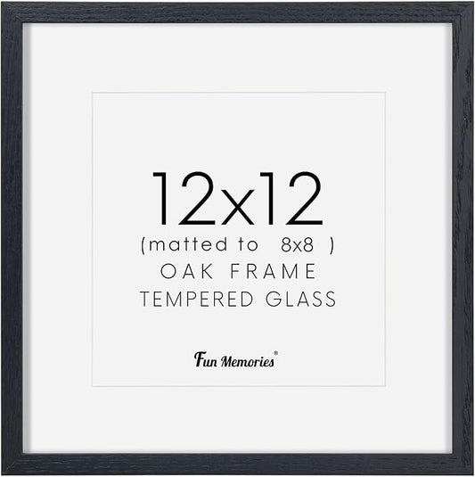 Black Picture Frame 12x12, 12"x12" Oak Wood Frame, 12 x 12 Photo Frame for Wall, Tempered Real Glass, 12x12 Matted Frame to 8x8, Square 12 x 12 Frame, 1 Pack