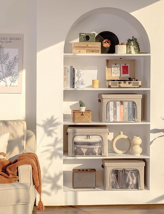 StorageWorks Storage Bins with Lids, Decorative Boxes with Clear Window for Clothes, Fabric Collapsible Baskets for Closet Organization, Large, Brown, 3 Packs